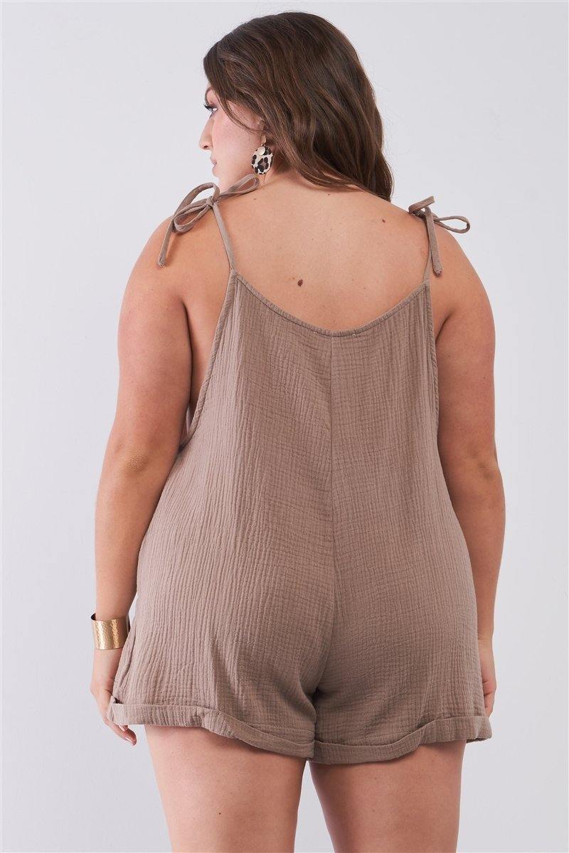 Plus Taupe Square Neck Sleeveless Self-tie Shoulders Drawstrings Front And Side Pockets Cuffed Romper - Pearlara