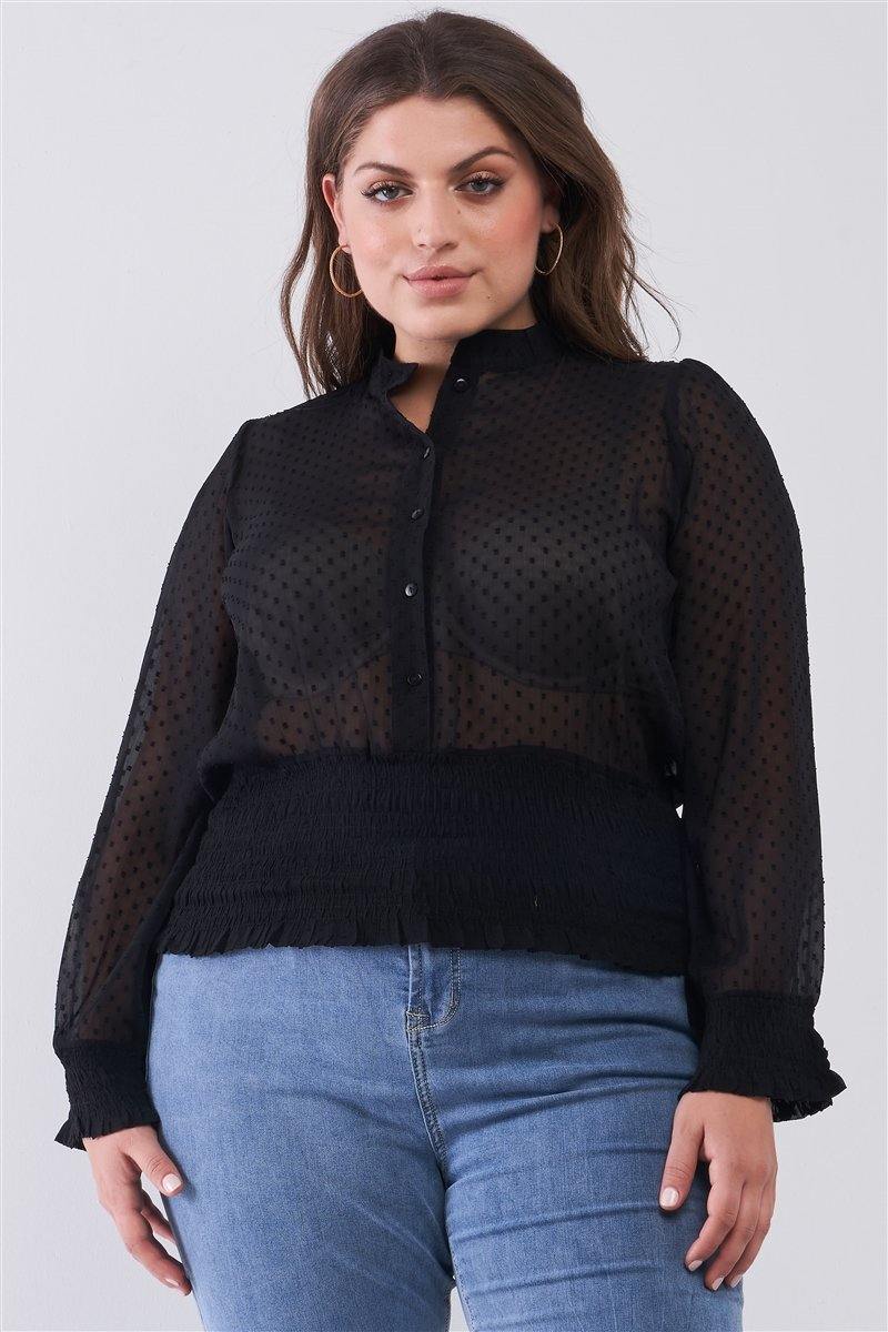 Plus Size Mesh Polka Dot Balloon Sleeve Button-down Smock Detail Blouse Top - Pearlara