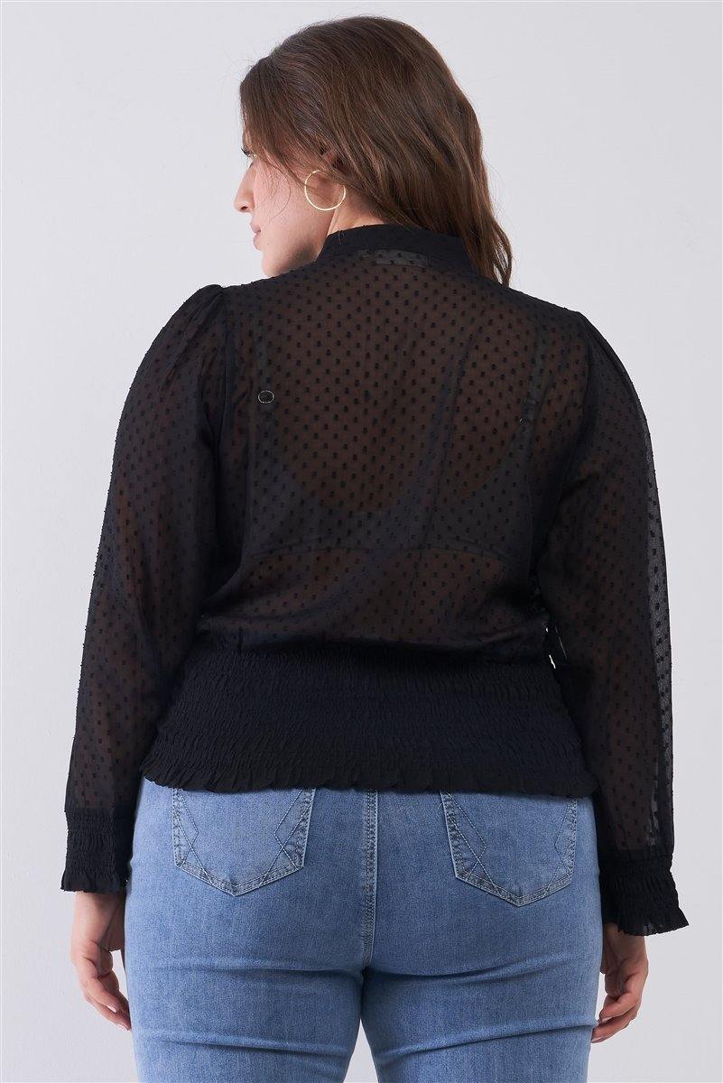 Plus Size Mesh Polka Dot Balloon Sleeve Button-down Smock Detail Blouse Top - Pearlara