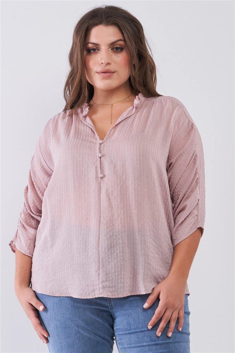 Plus Striped Frill Neck Gathered Sleeve Detail Button-down Relaxed Boho Top - Pearlara