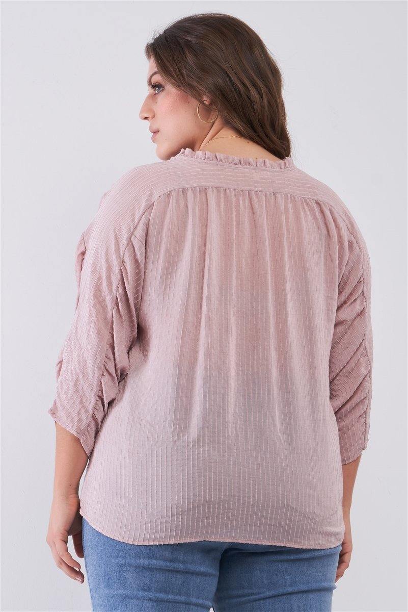 Plus Striped Frill Neck Gathered Sleeve Detail Button-down Relaxed Boho Top - Pearlara