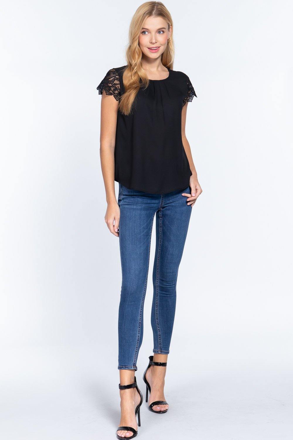 Scallop Lace Slv Woven Top - Pearlara