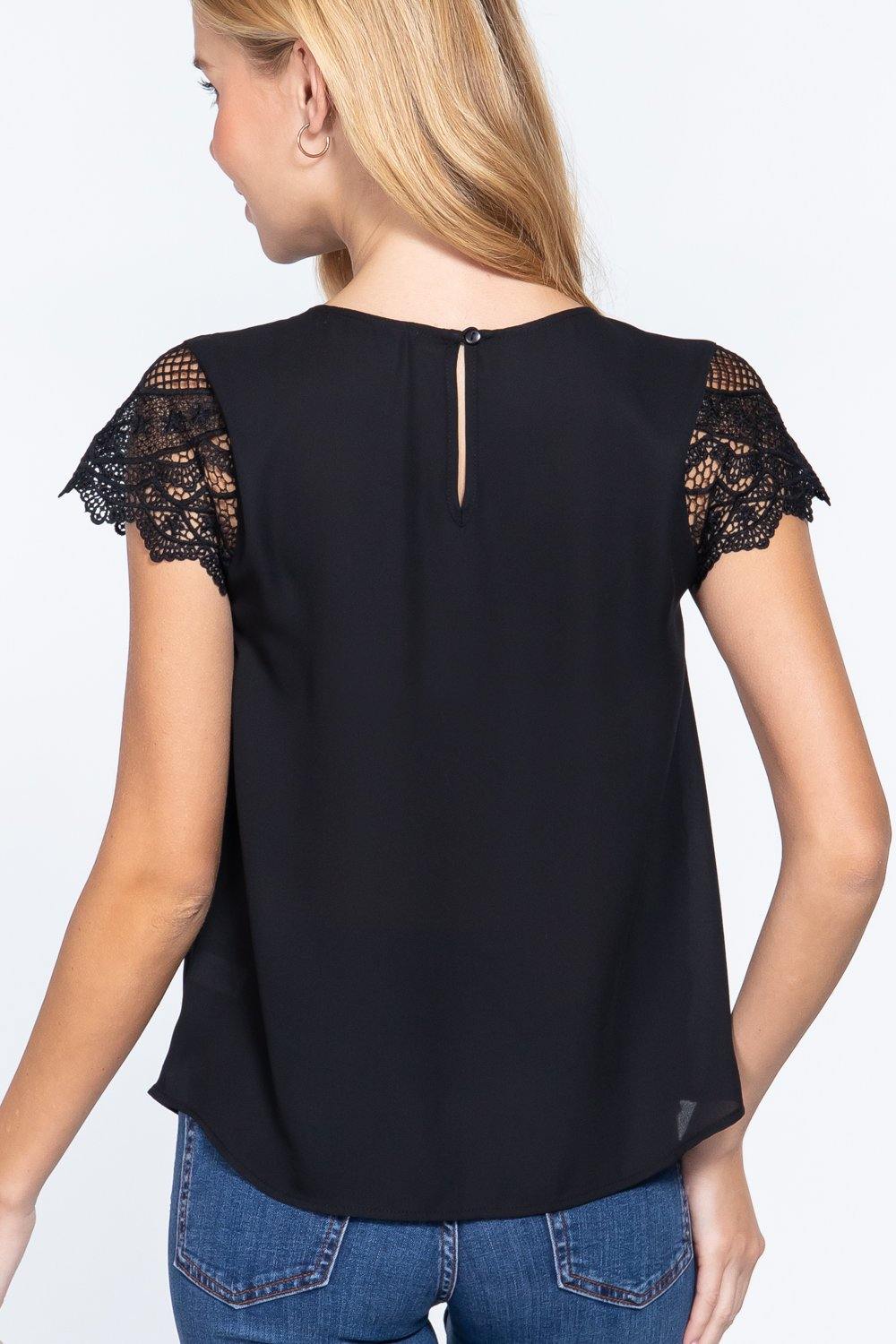 Scallop Lace Slv Woven Top - Pearlara