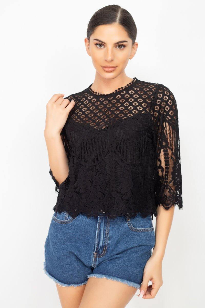 Mock 3/4 Sleeves Lace Designed Top - Pearlara