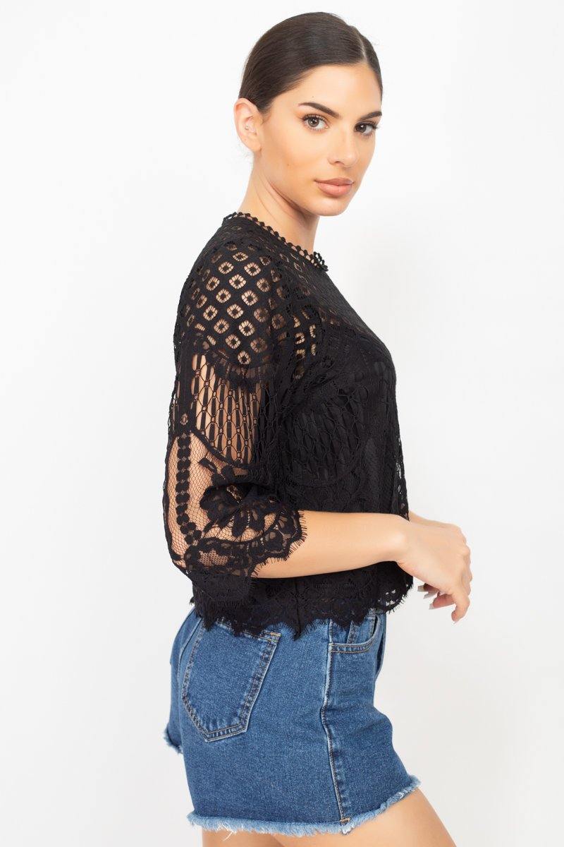 Mock 3/4 Sleeves Lace Designed Top - Pearlara