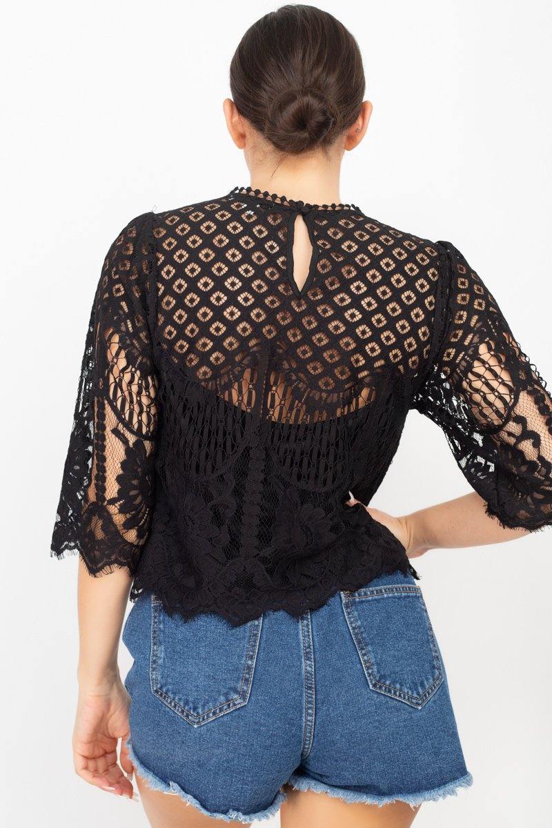 Mock 3/4 Sleeves Lace Designed Top - Pearlara