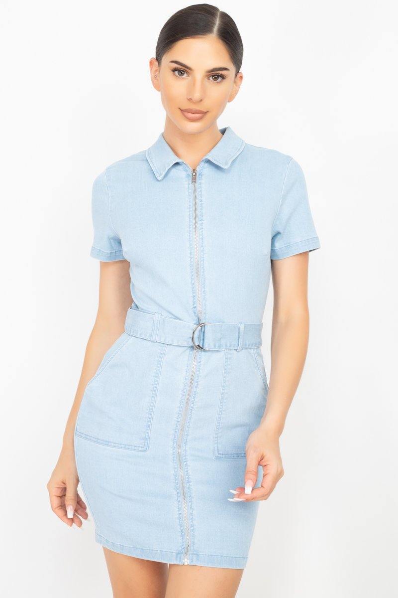 Belted Bodycon Collared Denim Dress - Pearlara