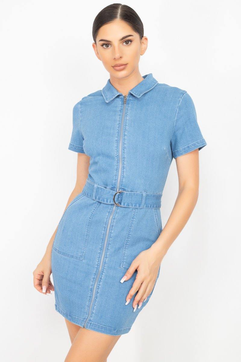 Belted Bodycon Collared Denim Dress - Pearlara