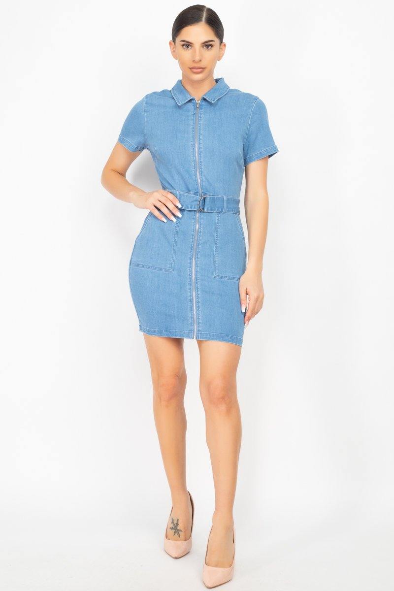 Belted Bodycon Collared Denim Dress - Pearlara