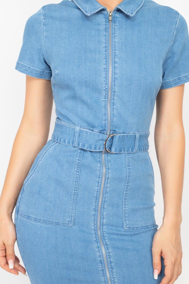 Belted Bodycon Collared Denim Dress - Pearlara