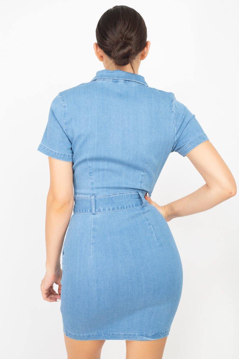 Belted Bodycon Collared Denim Dress - Pearlara