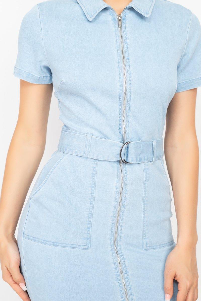 Belted Bodycon Collared Denim Dress - Pearlara