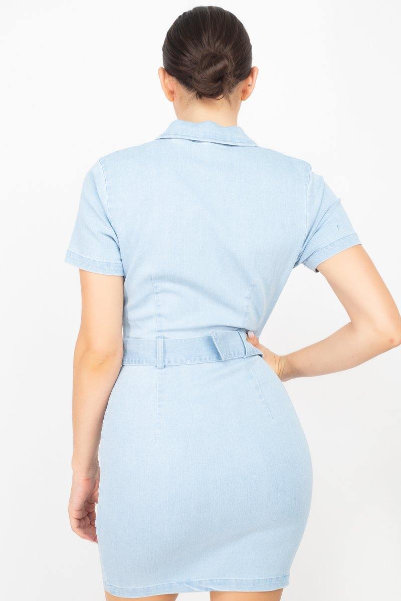 Belted Bodycon Collared Denim Dress - Pearlara