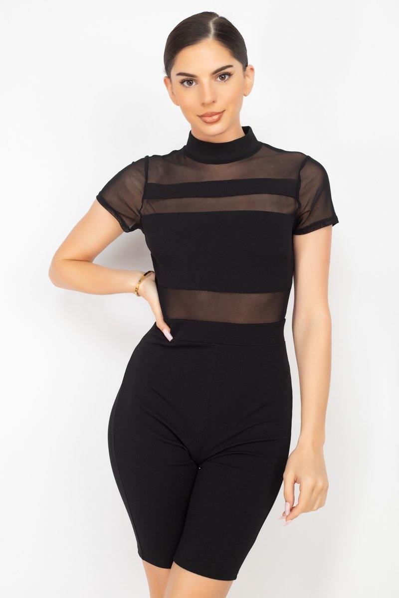 Stripe Mesh Mock Neck Biker Romper - Pearlara