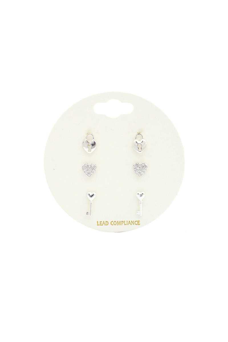 Rhinestone Heart Lock Earring Set - Pearlara