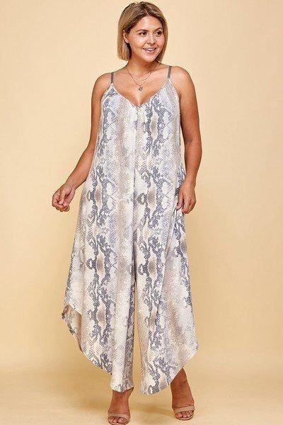 Plus Size Snakeskin Terry Printed Wide Leg Jumpsuit - Pearlara