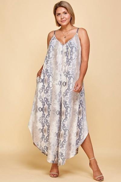 Plus Size Snakeskin Terry Printed Wide Leg Jumpsuit - Pearlara