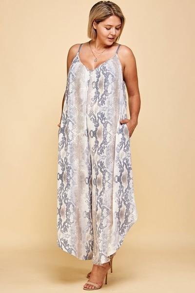 Plus Size Snakeskin Terry Printed Wide Leg Jumpsuit - Pearlara