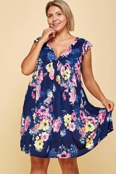 plus Size Floral Venechia Printed Deep V Neckline Swing Dress - Pearlara