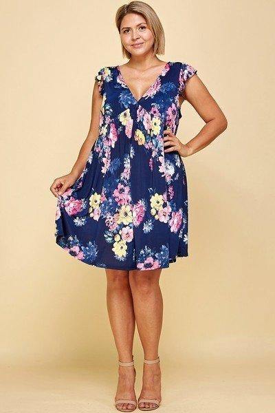 plus Size Floral Venechia Printed Deep V Neckline Swing Dress - Pearlara