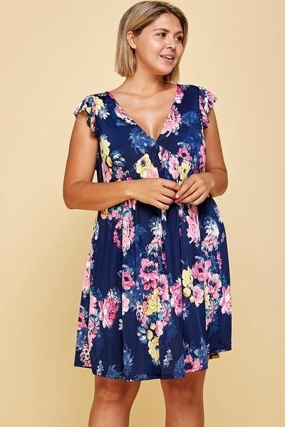 plus Size Floral Venechia Printed Deep V Neckline Swing Dress - Pearlara