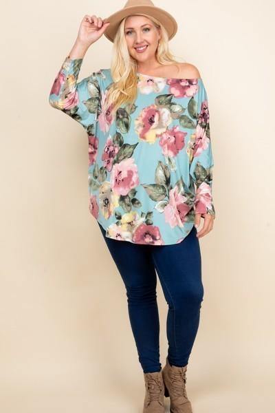 Plus Size Floral Printed Venezia One Shoulder Fashion Top - Pearlara