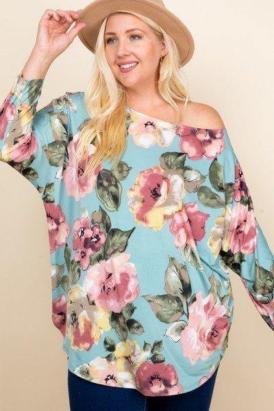 Plus Size Floral Printed Venezia One Shoulder Fashion Top - Pearlara