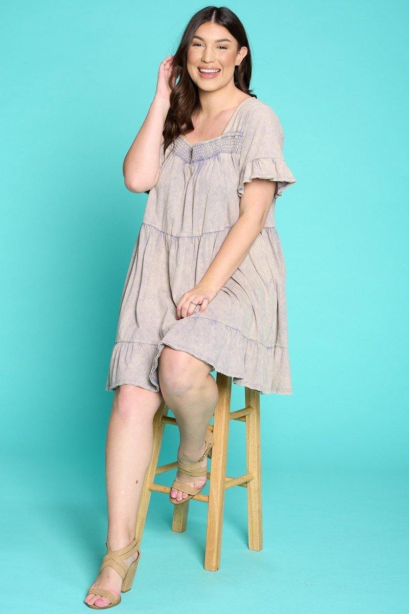 Solid Washed Knit Tiered Mini Dress - Pearlara