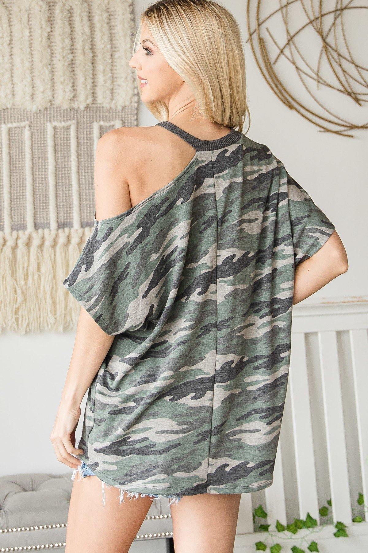 Asymmetric Neck Contrast Trim Camo Print Top - Pearlara