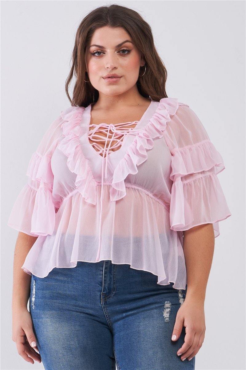 Plus Sheer Mesh Ruffle Lace-up V-neck Detail Wide Sleeve Relaxed Top - Pearlara