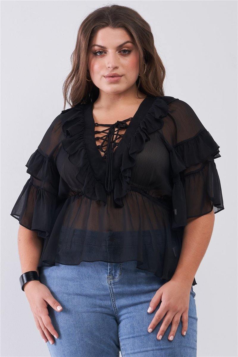 Plus Sheer Mesh Ruffle Lace-up V-neck Detail Wide Sleeve Relaxed Top - Pearlara