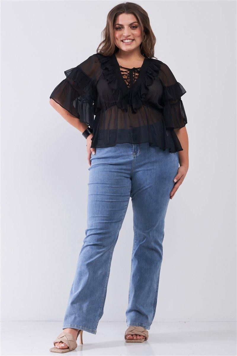 Plus Sheer Mesh Ruffle Lace-up V-neck Detail Wide Sleeve Relaxed Top - Pearlara