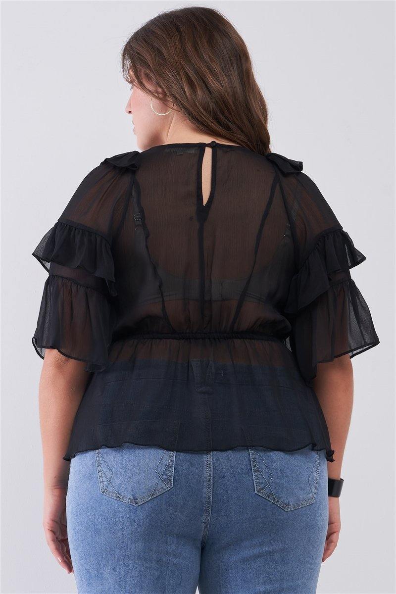 Plus Sheer Mesh Ruffle Lace-up V-neck Detail Wide Sleeve Relaxed Top - Pearlara