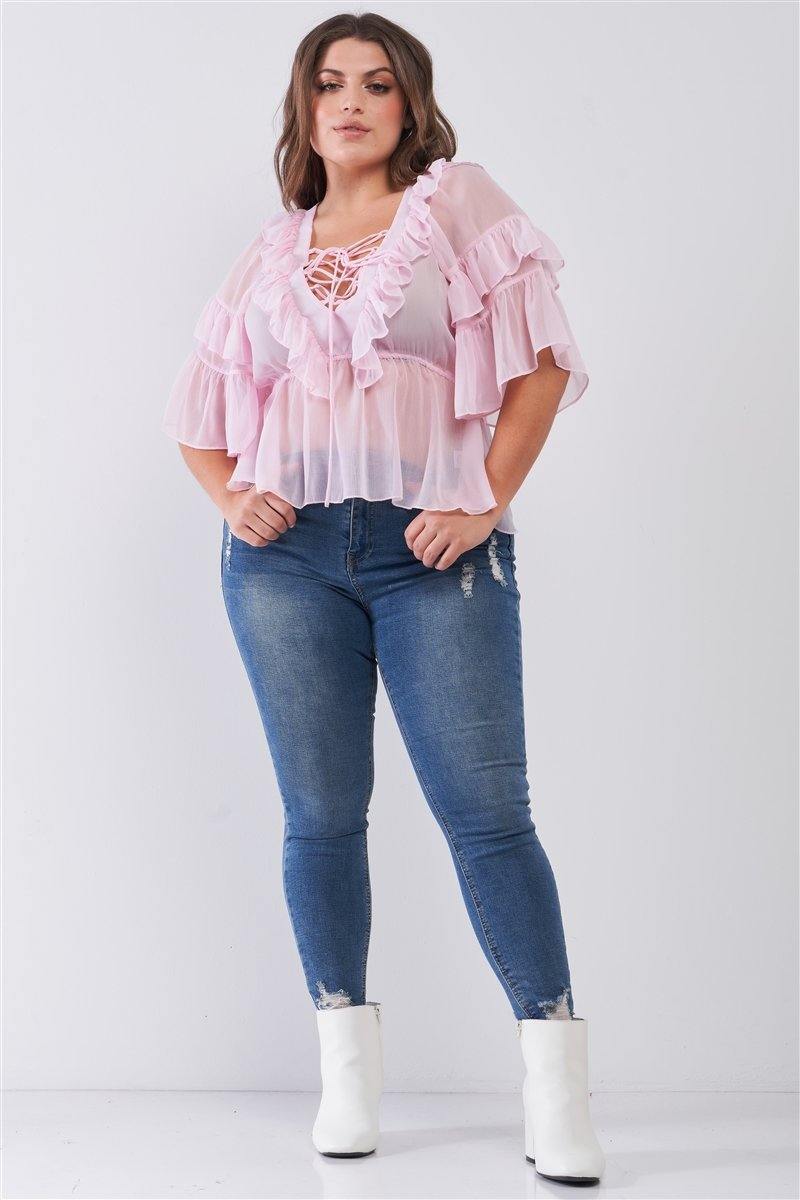 Plus Sheer Mesh Ruffle Lace-up V-neck Detail Wide Sleeve Relaxed Top - Pearlara