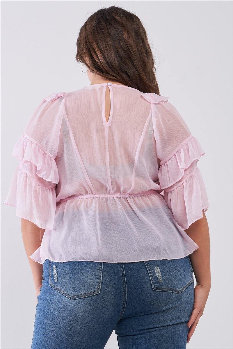 Plus Sheer Mesh Ruffle Lace-up V-neck Detail Wide Sleeve Relaxed Top - Pearlara