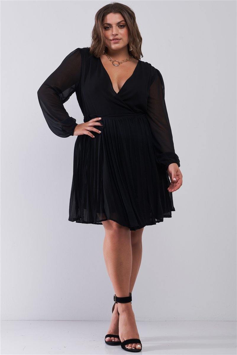 Plus Wrap Deep V-neck Long Puff Sleeve With Elasticated Cuff Pleated Mini Dress - Pearlara