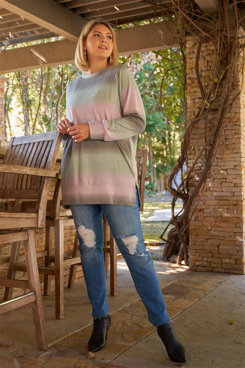 Lavender Grey Green Gradient Crew Neck Long Sleeve Side Slit Long Top - Pearlara