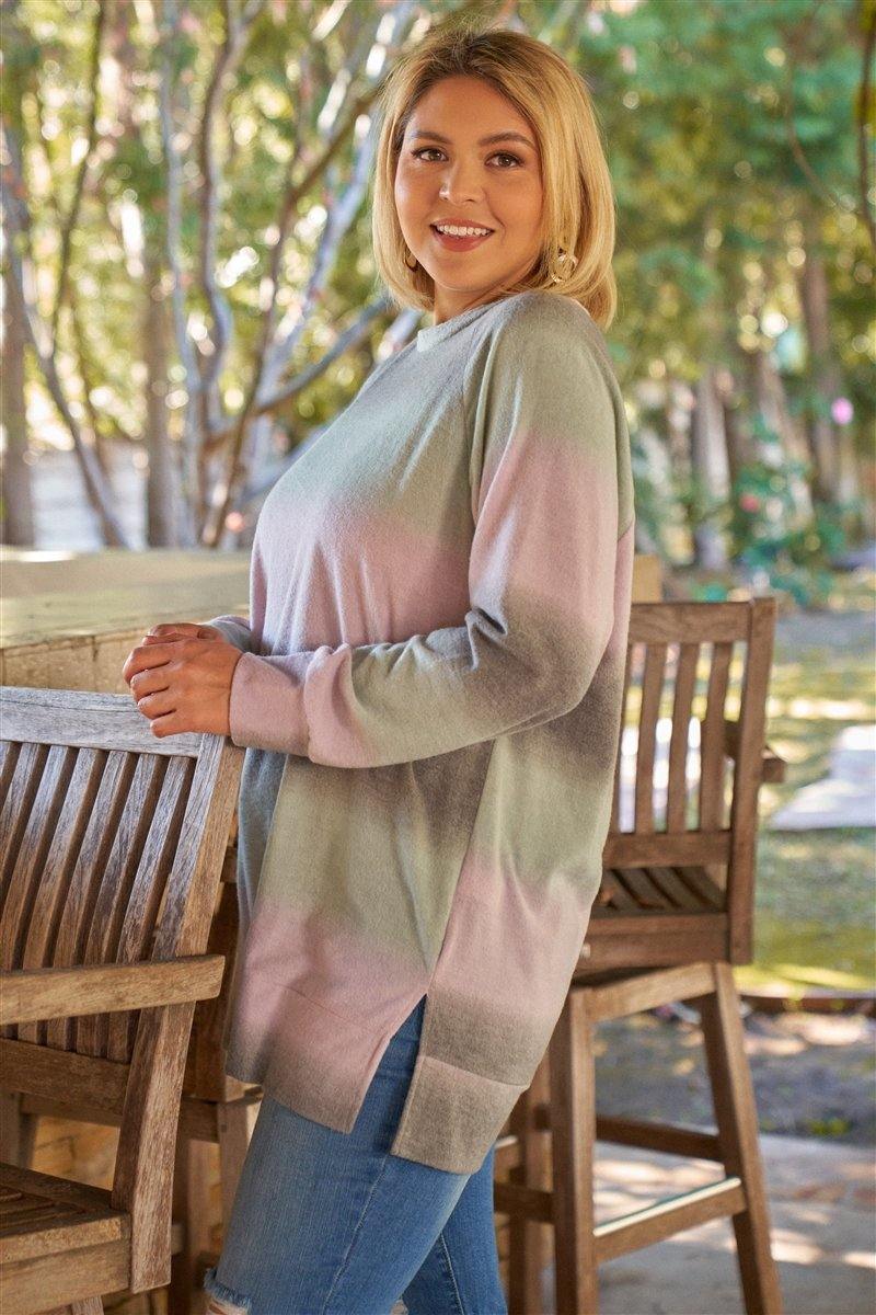 Lavender Grey Green Gradient Crew Neck Long Sleeve Side Slit Long Top - Pearlara