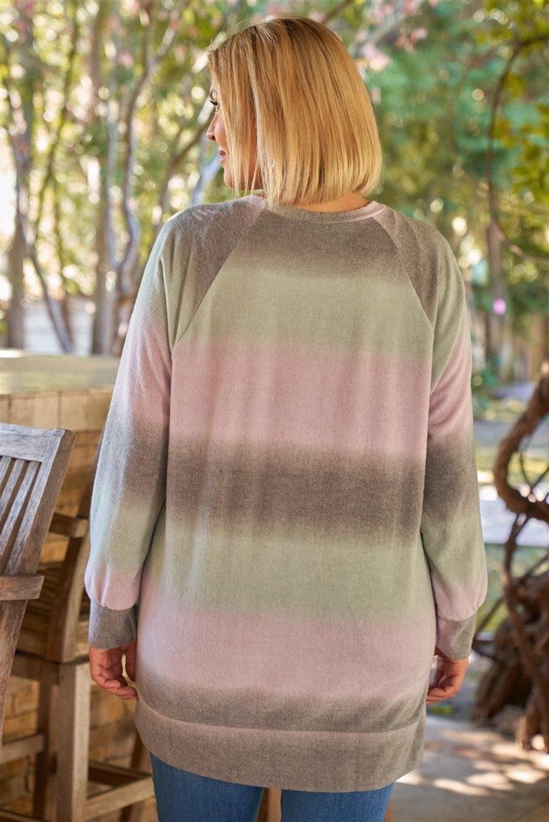 Lavender Grey Green Gradient Crew Neck Long Sleeve Side Slit Long Top - Pearlara