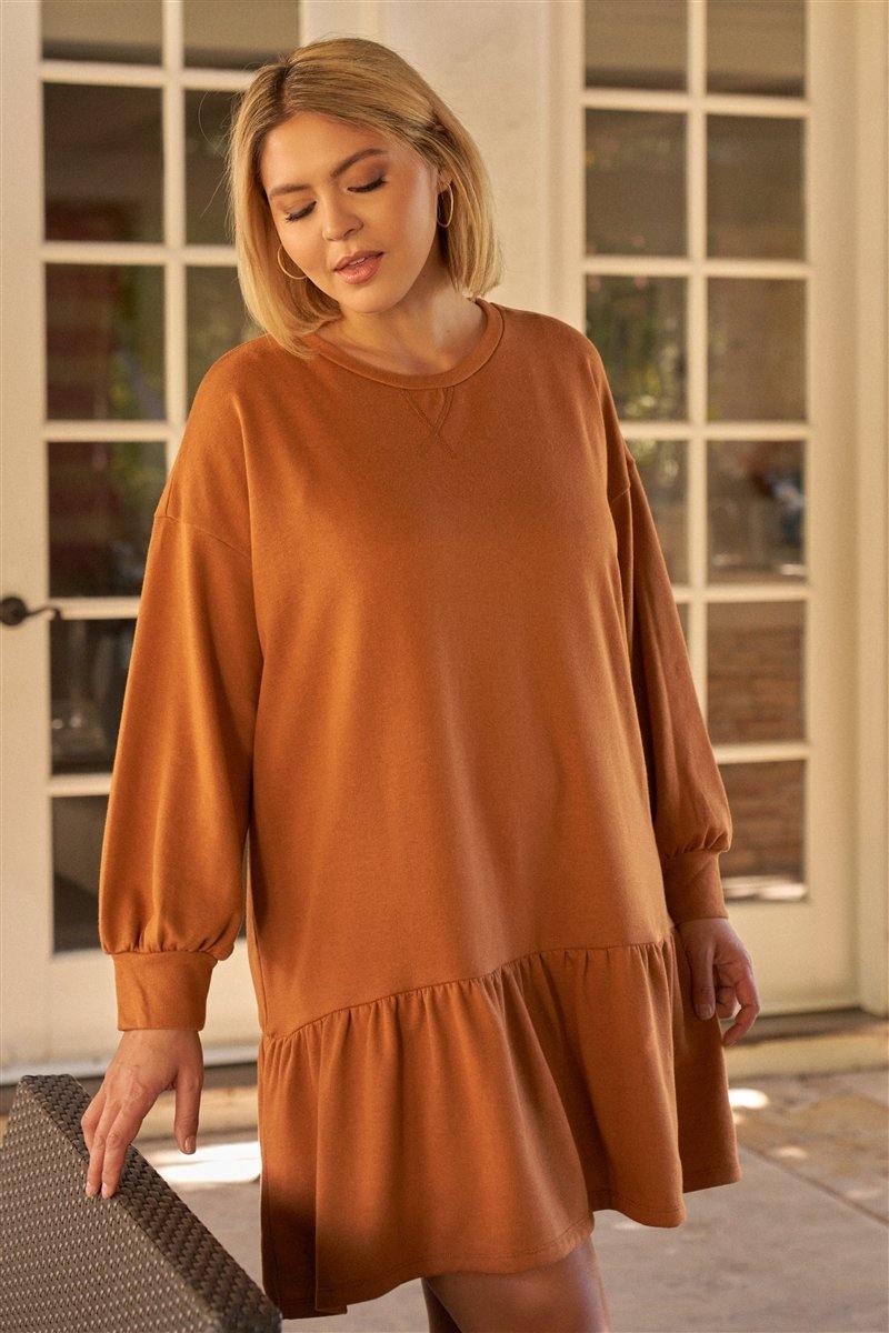 Plus Camel Round Neck Long Sleeve Drop Waist Sweatshirt Mini Dress - Pearlara