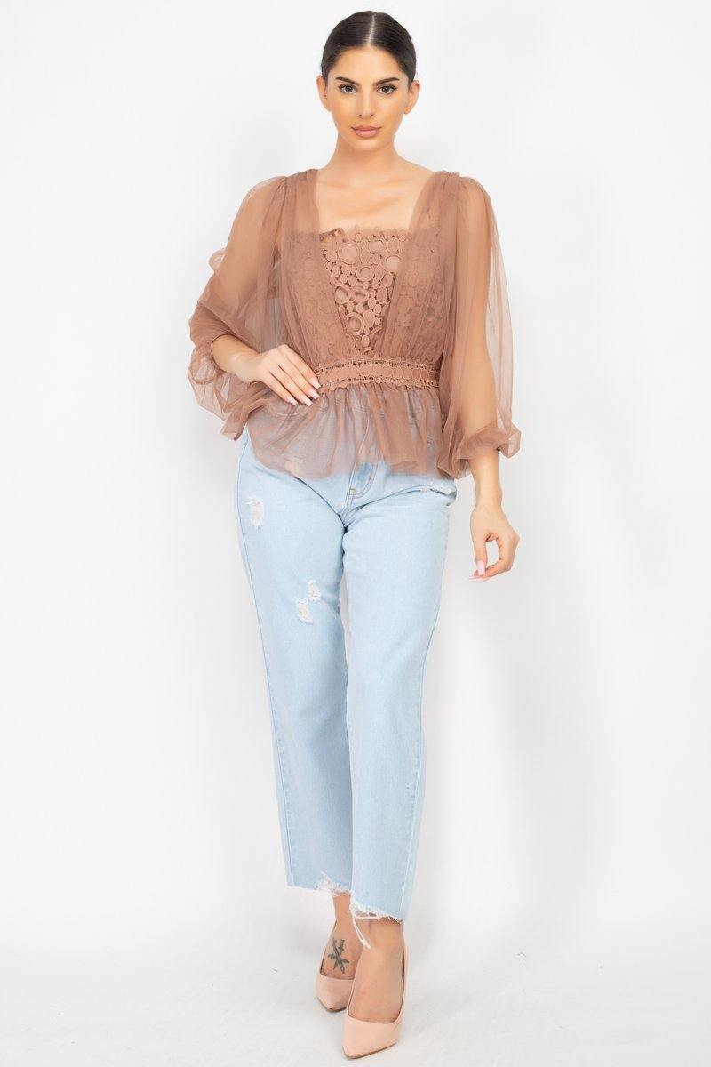 Sheer Mesh Crochet Peplum Top - Pearlara