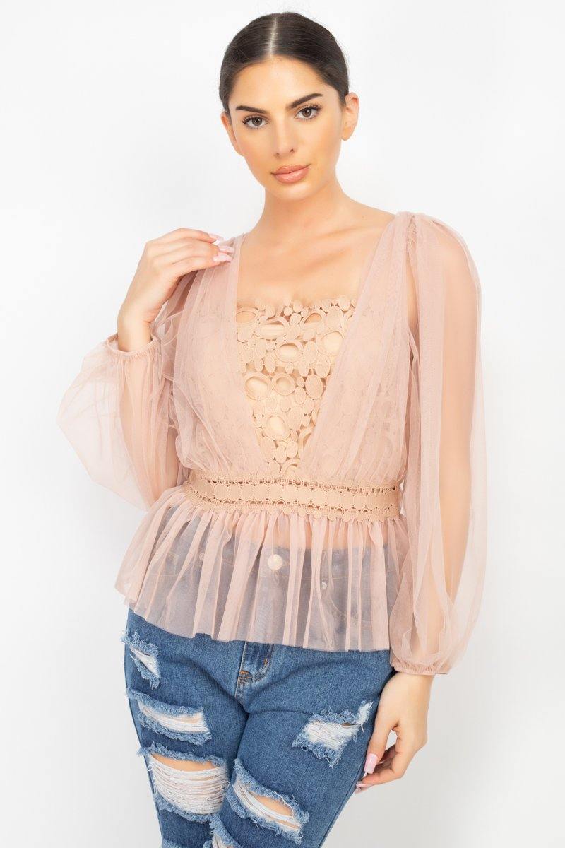 Sheer Mesh Crochet Peplum Top - Pearlara