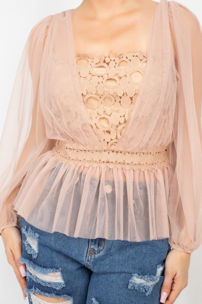 Sheer Mesh Crochet Peplum Top - Pearlara