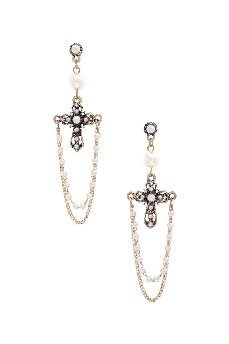 Cross Pearl Bead Dangle Earring - Pearlara