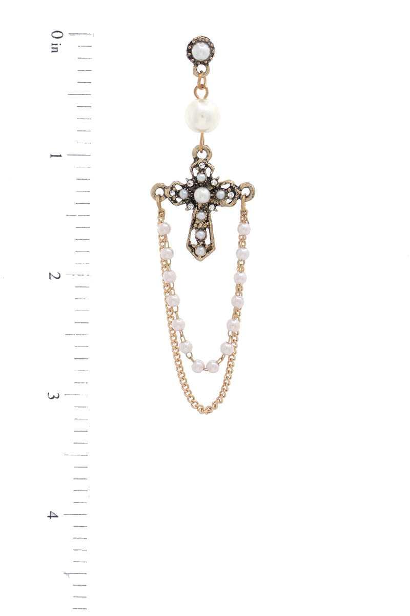 Cross Pearl Bead Dangle Earring - Pearlara