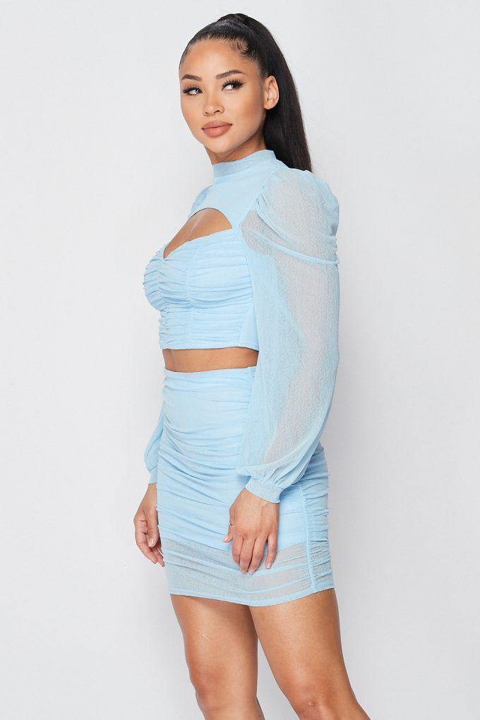 Sexy Sheer Cutout Puff Sleeved Top And Skirt Set - Pearlara