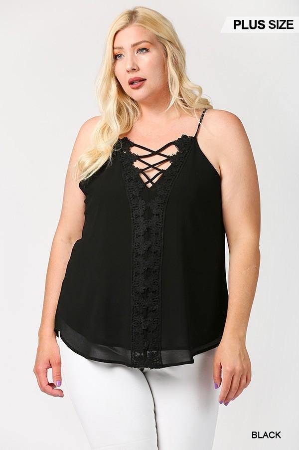 Plunging V-neckline Lattice Top With Scalloped Lace - Pearlara