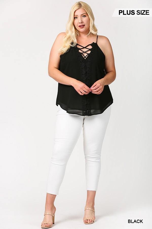 Plunging V-neckline Lattice Top With Scalloped Lace - Pearlara