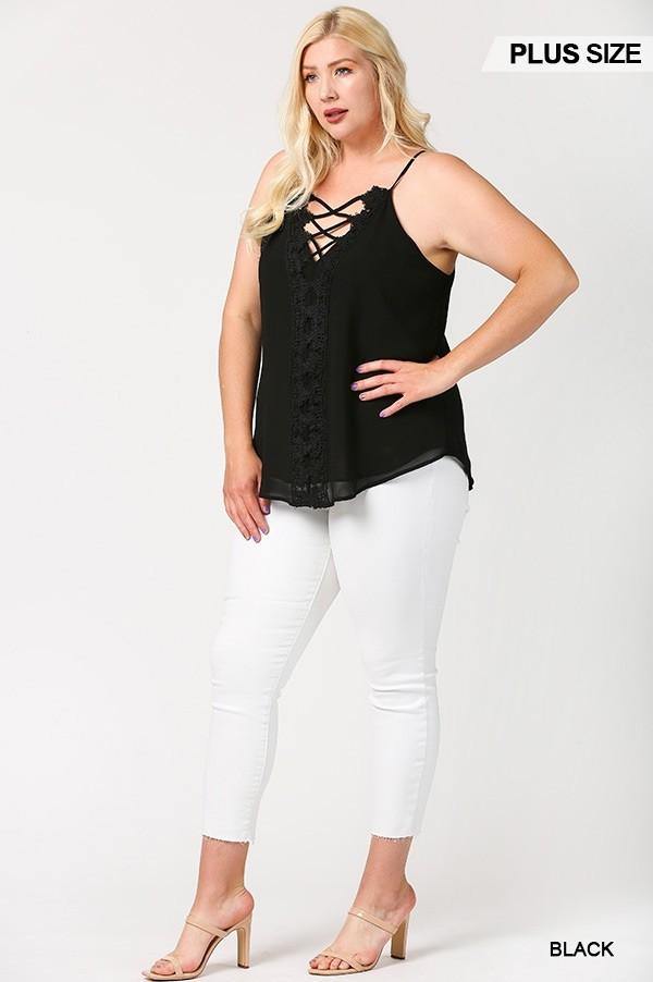 Plunging V-neckline Lattice Top With Scalloped Lace - Pearlara