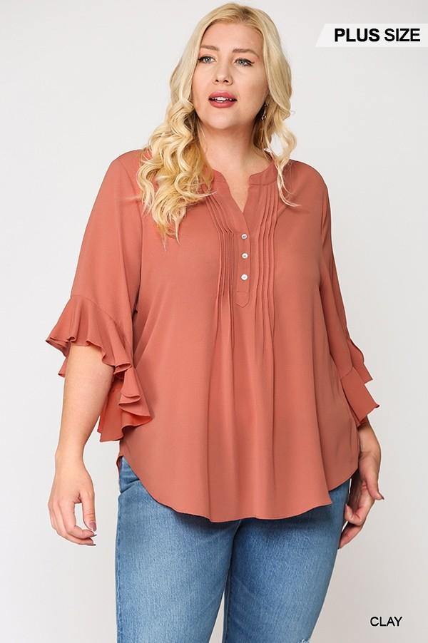 Bubble Crepe Ruffled Sleeves Pintuck Detail Top - Pearlara